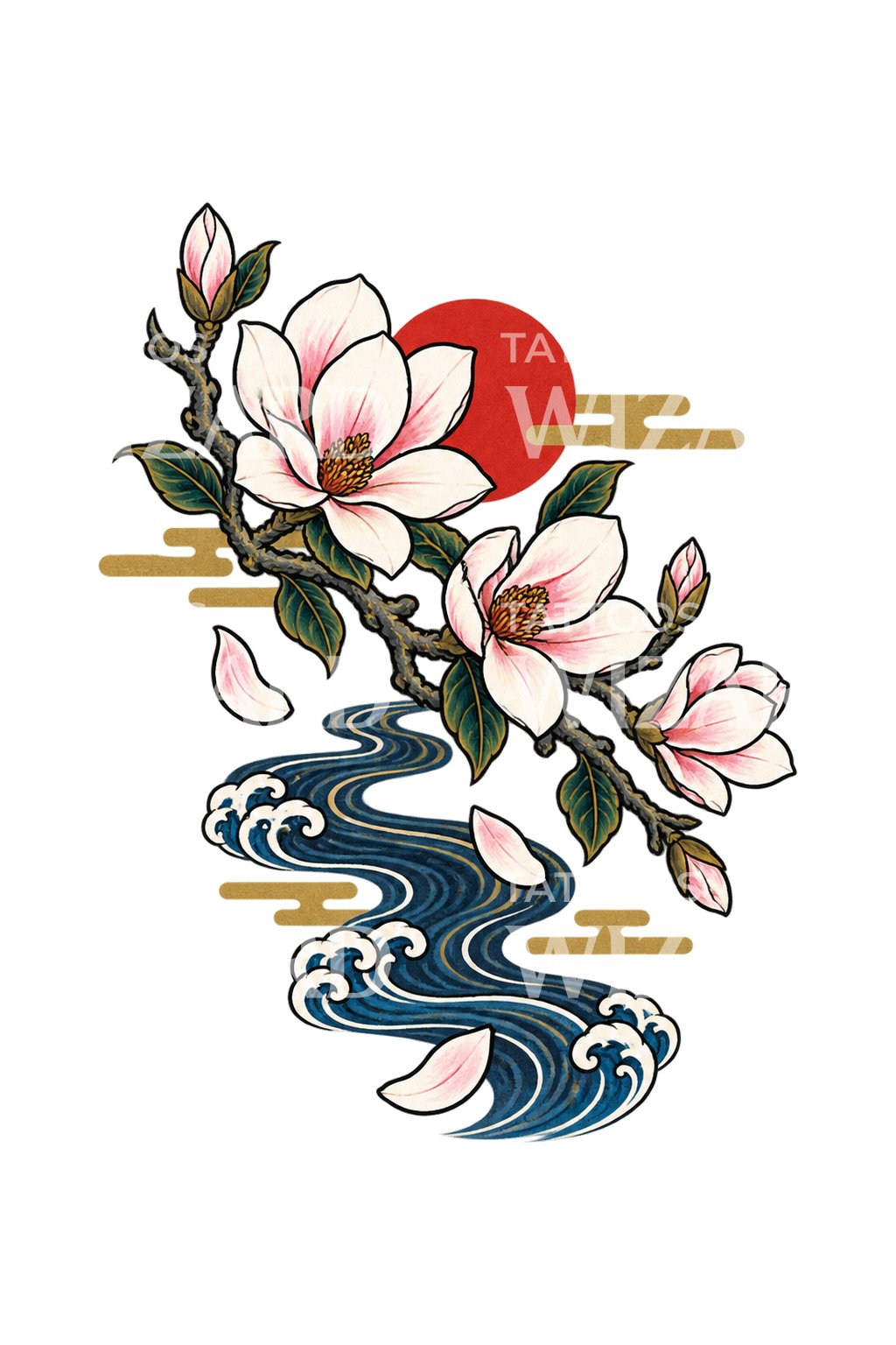 Magnolia sopra un ruscello, illustrazione tattoo irezumi
