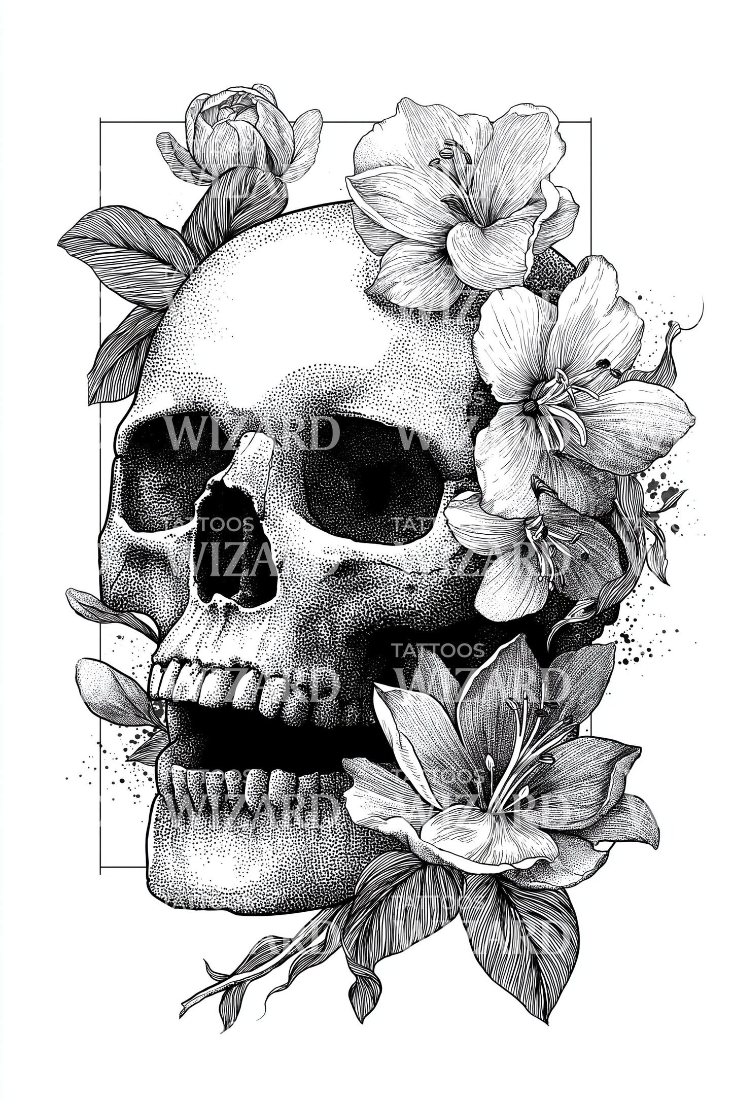 Magnolia Skull Portrait Tattoo Design