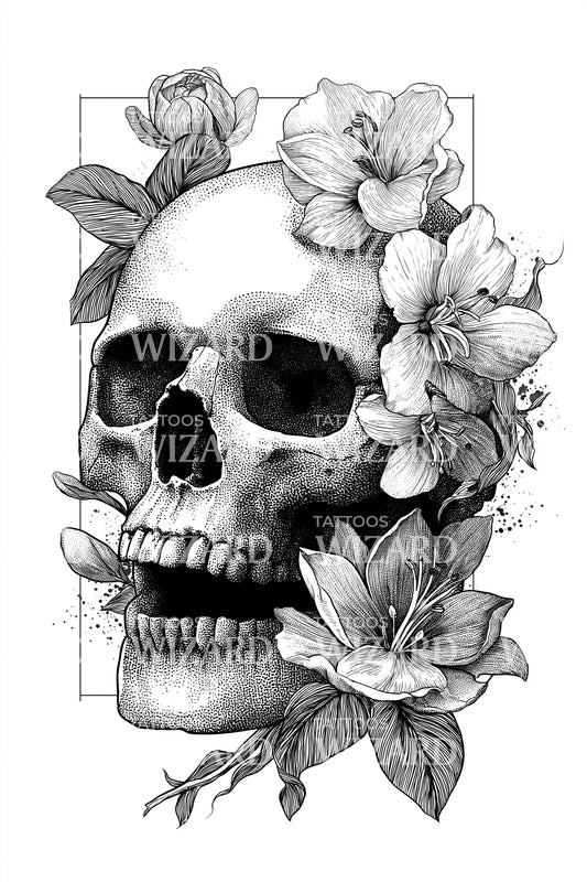Magnolia Skull Portrait Tattoo Design