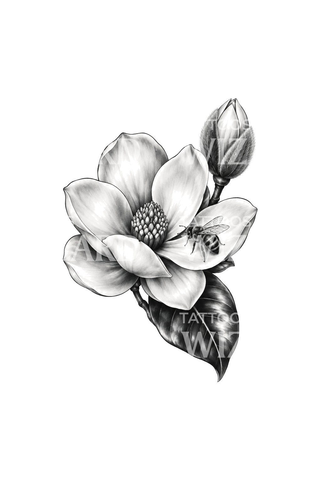 Disegno tatuaggio magnolia e ape in bianco e nero