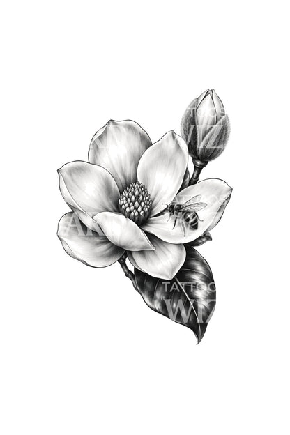 Disegno tatuaggio magnolia e ape in bianco e nero