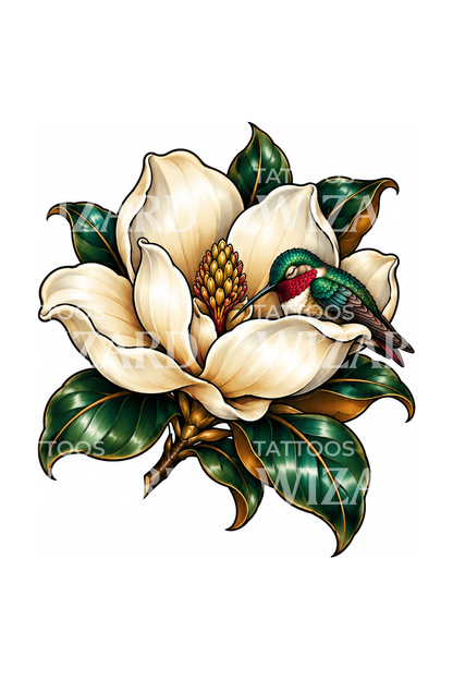 Tatuaggio di magnolia con colibrì addormentato