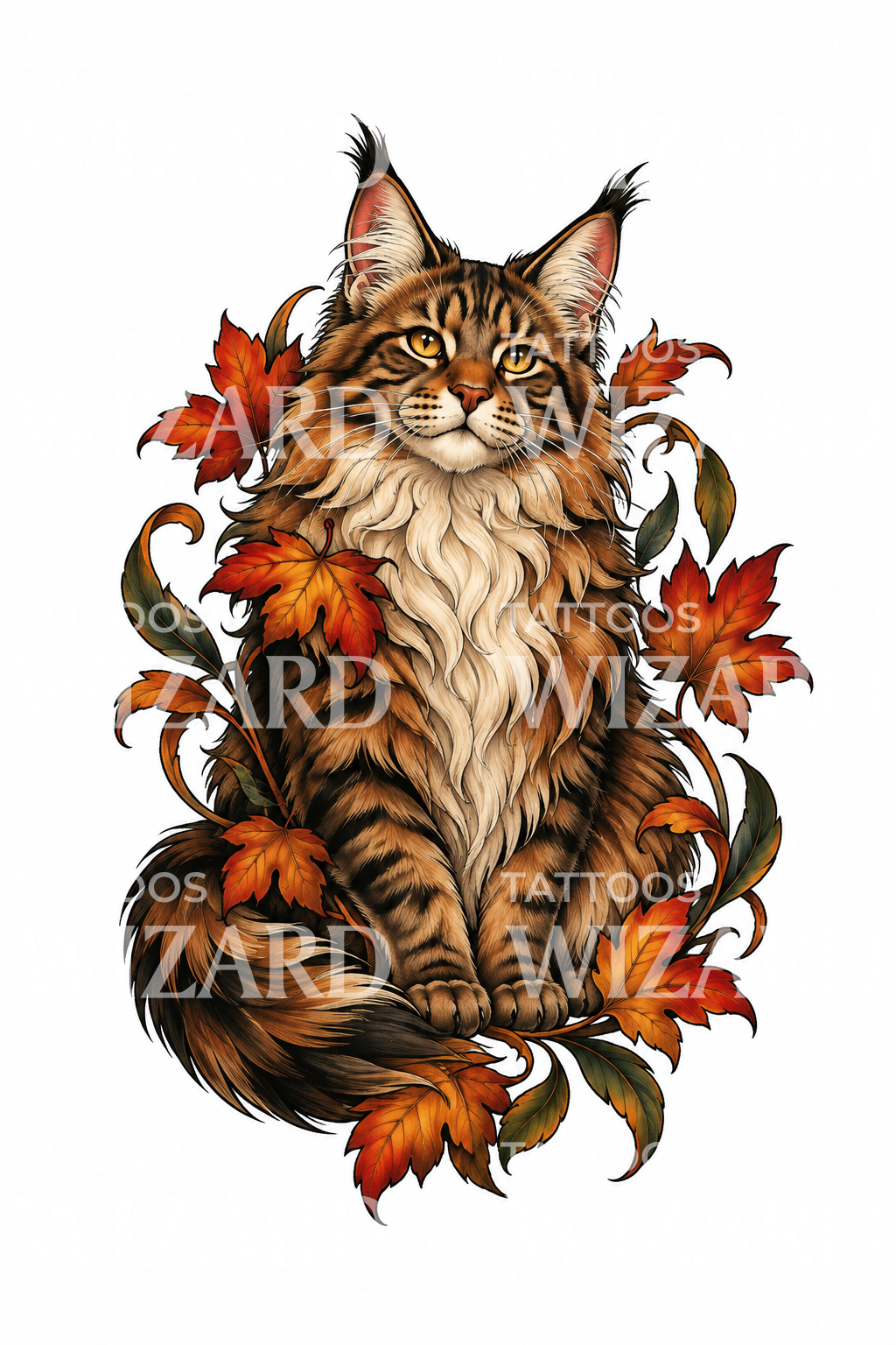Neo traditional -tatuointi Maine Coon -kissasta syyslehtien keskellä