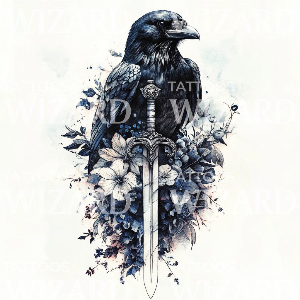 Majestic Crow Perched on Sword Tattoo Design