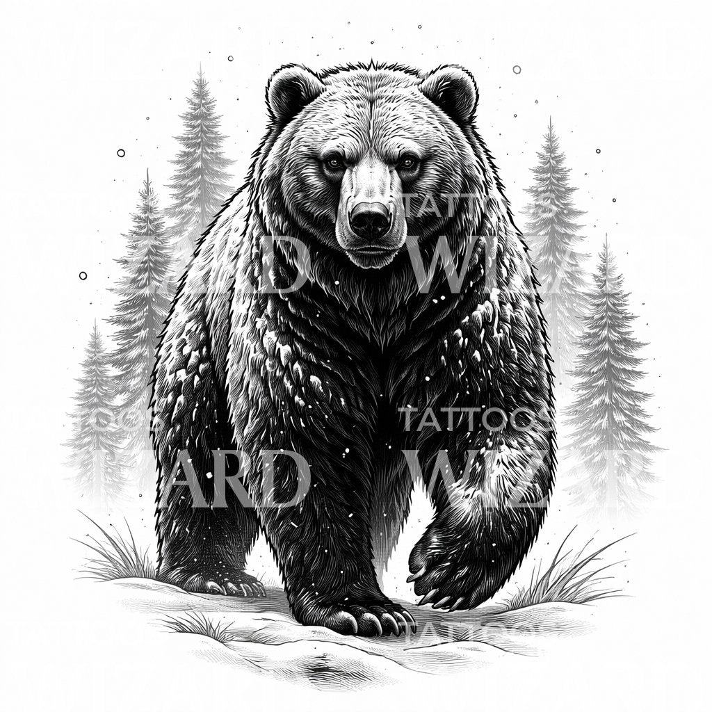 Majestic Grizzly Forest Tattoo Design