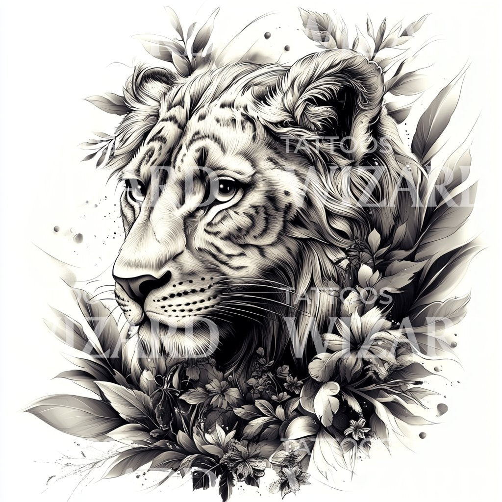 Majestic White Lion with Floral Accents Tattoo Idea