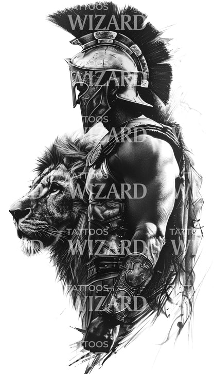 Man Tattoo With Spartan and Lion