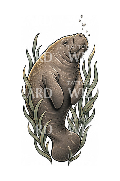 Manatee in Seagrass Tattoo Illustration
