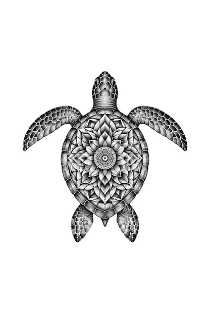 Dotwork tetování mořské želvy s mandalou na zádech