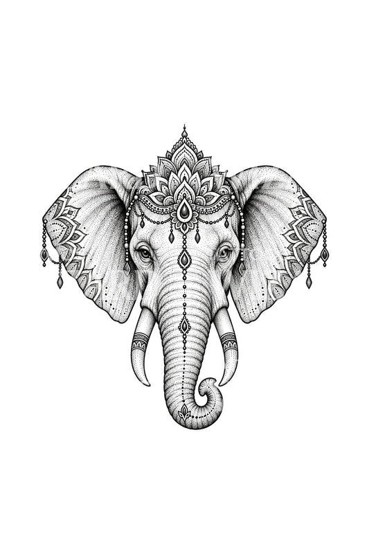 Mandala koronás elefánt dotwork tetoválás-illusztráció