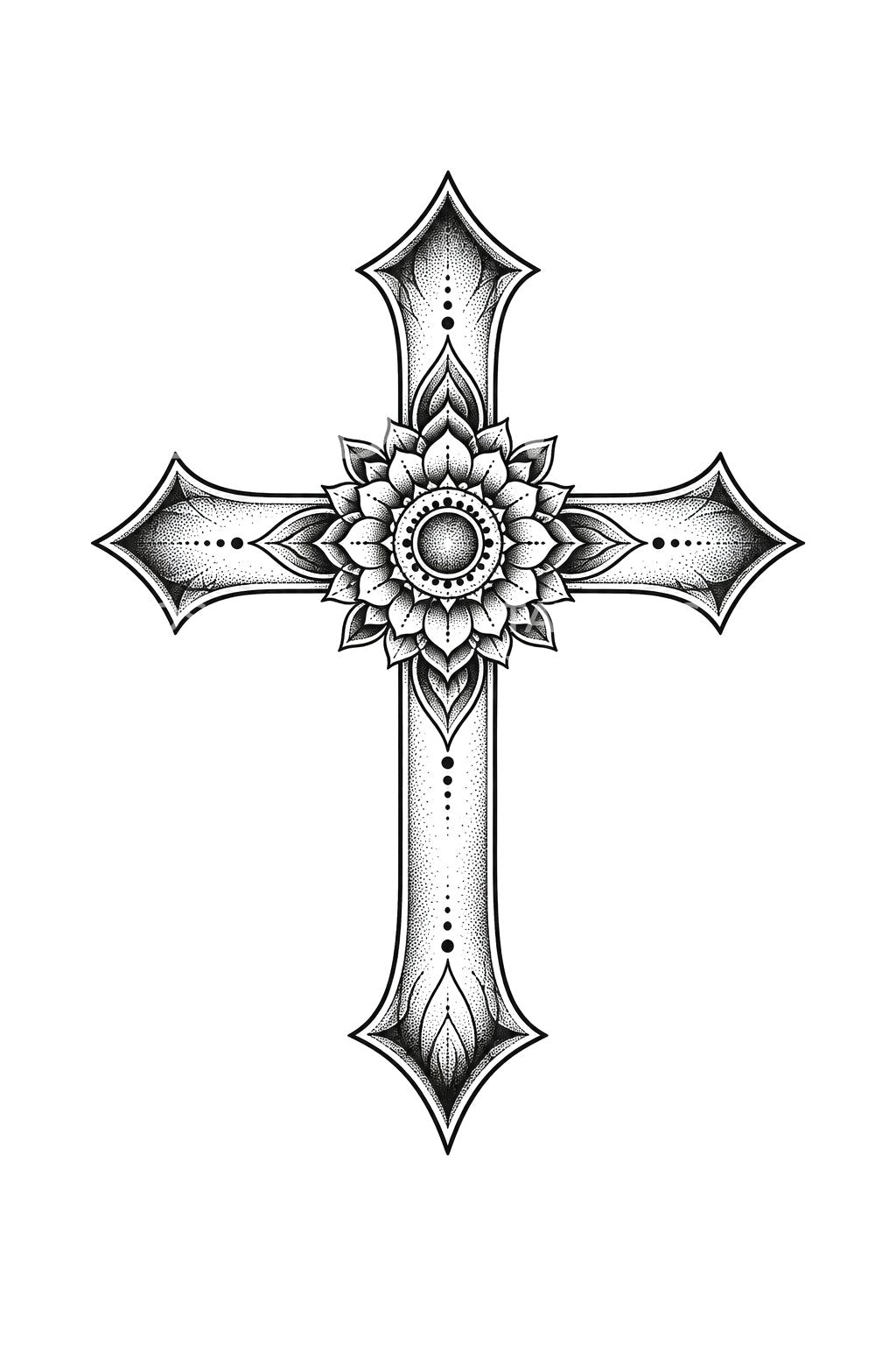 Design de tatuagem de cruz mandala com coração pontilhado