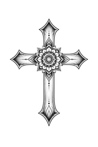 Design de tatuagem de cruz mandala com coração pontilhado