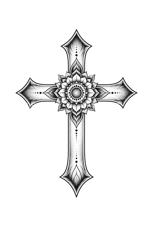 Design de tatuagem de cruz mandala com coração pontilhado