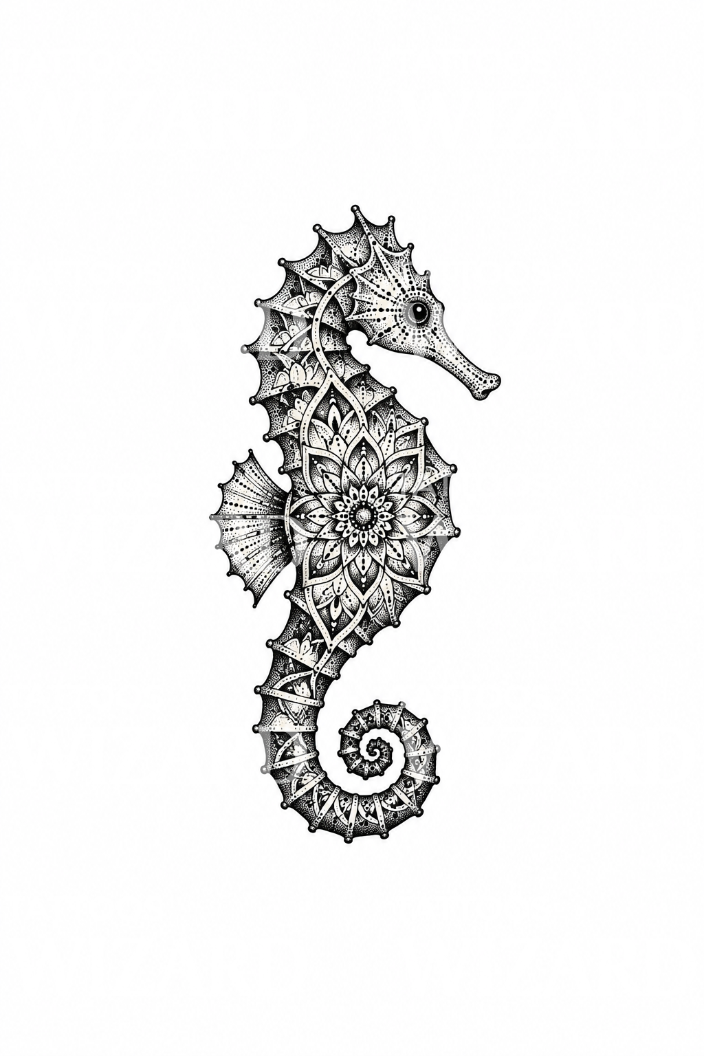 Søhest med mandalamønster, dotwork-tatovering