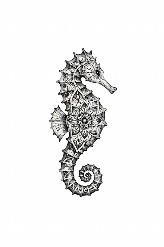 Mandala Patterned Seahorse Dotwork Tattoo Illustration