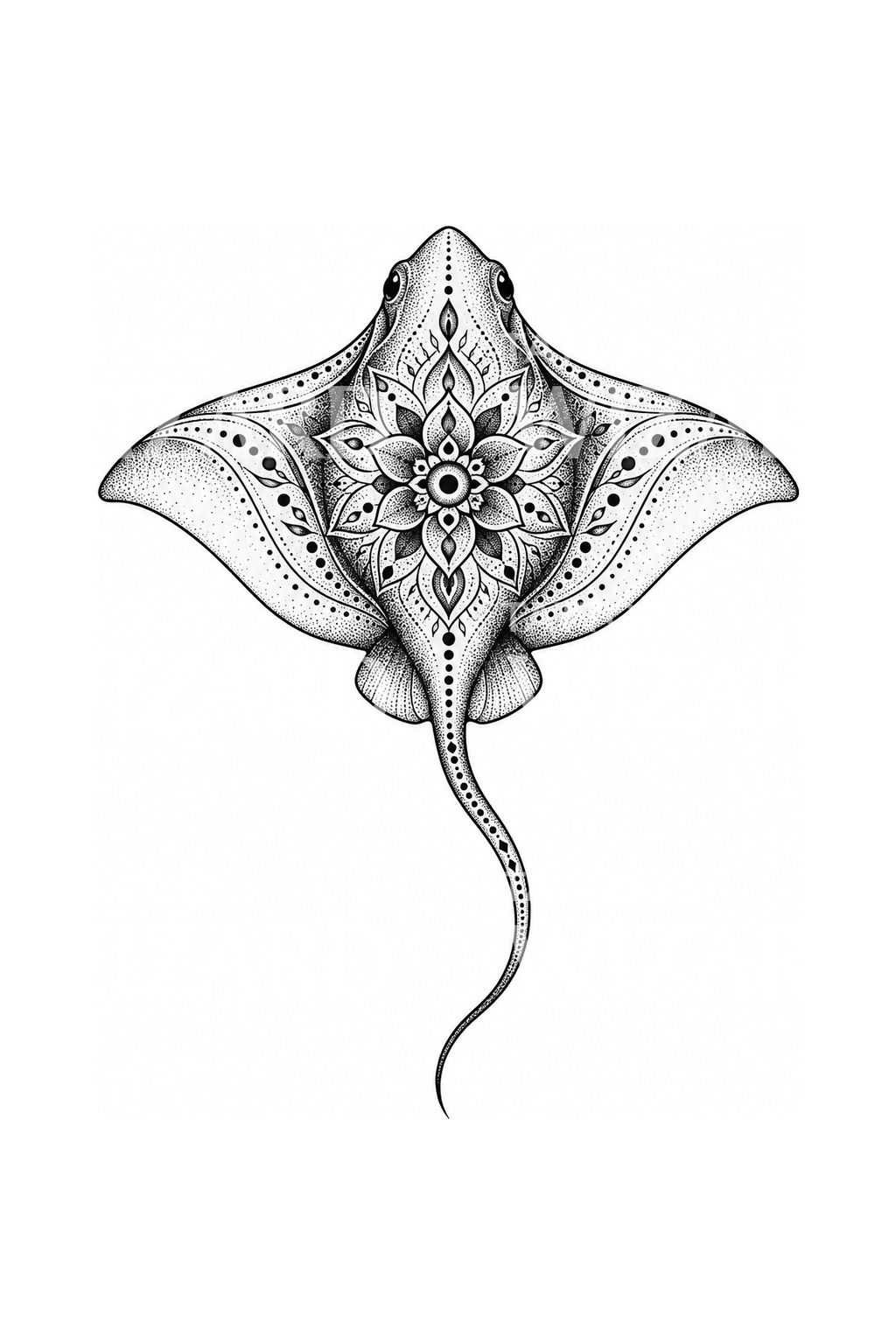 Dotwork-Tattoo-Design eines Rochens mit Mandala
