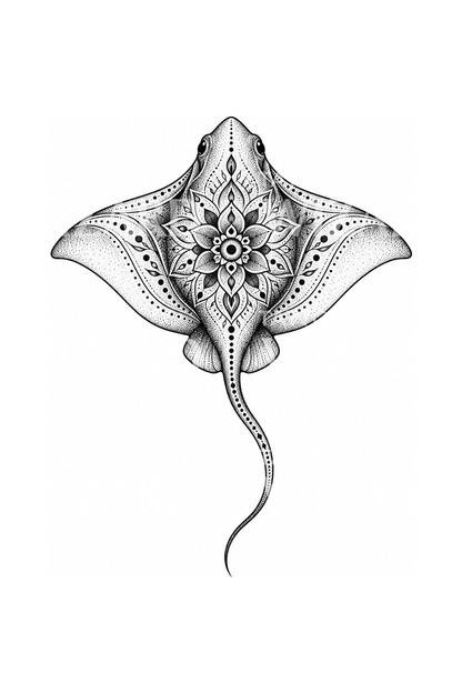 Dotwork-Tattoo-Design eines Rochens mit Mandala