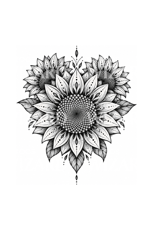 Mandala med tre solsikker i dotwork