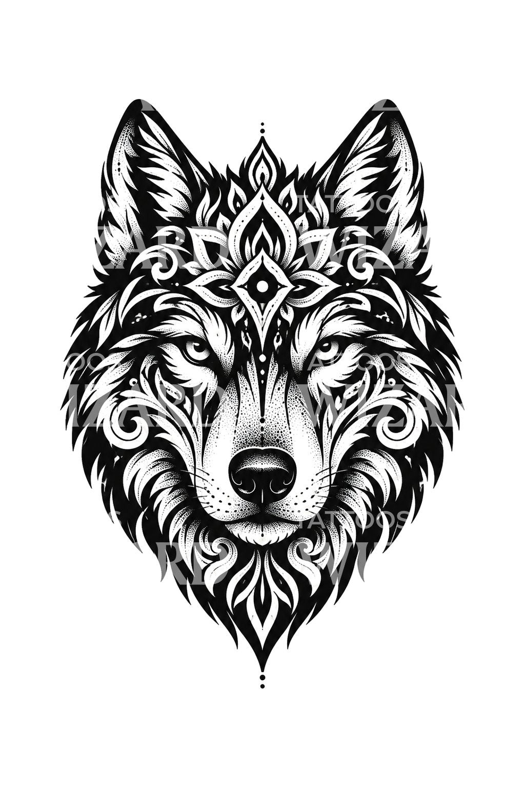 Tatouage de loup mandala en blackwork