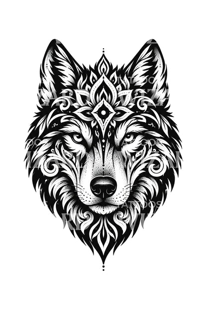 Tatouage de loup mandala en blackwork