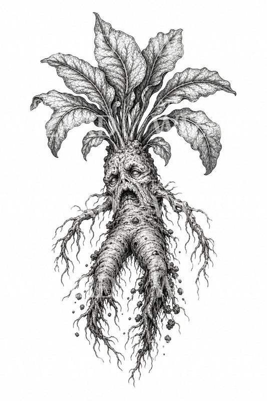 Ilustracao de tatuagem de raiz de mandragora