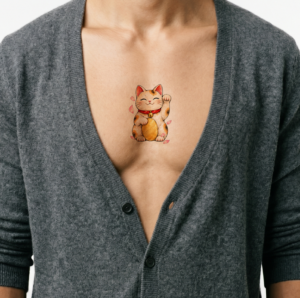 Maneki Neko Lucky Cat Watercolor Tattoo Design