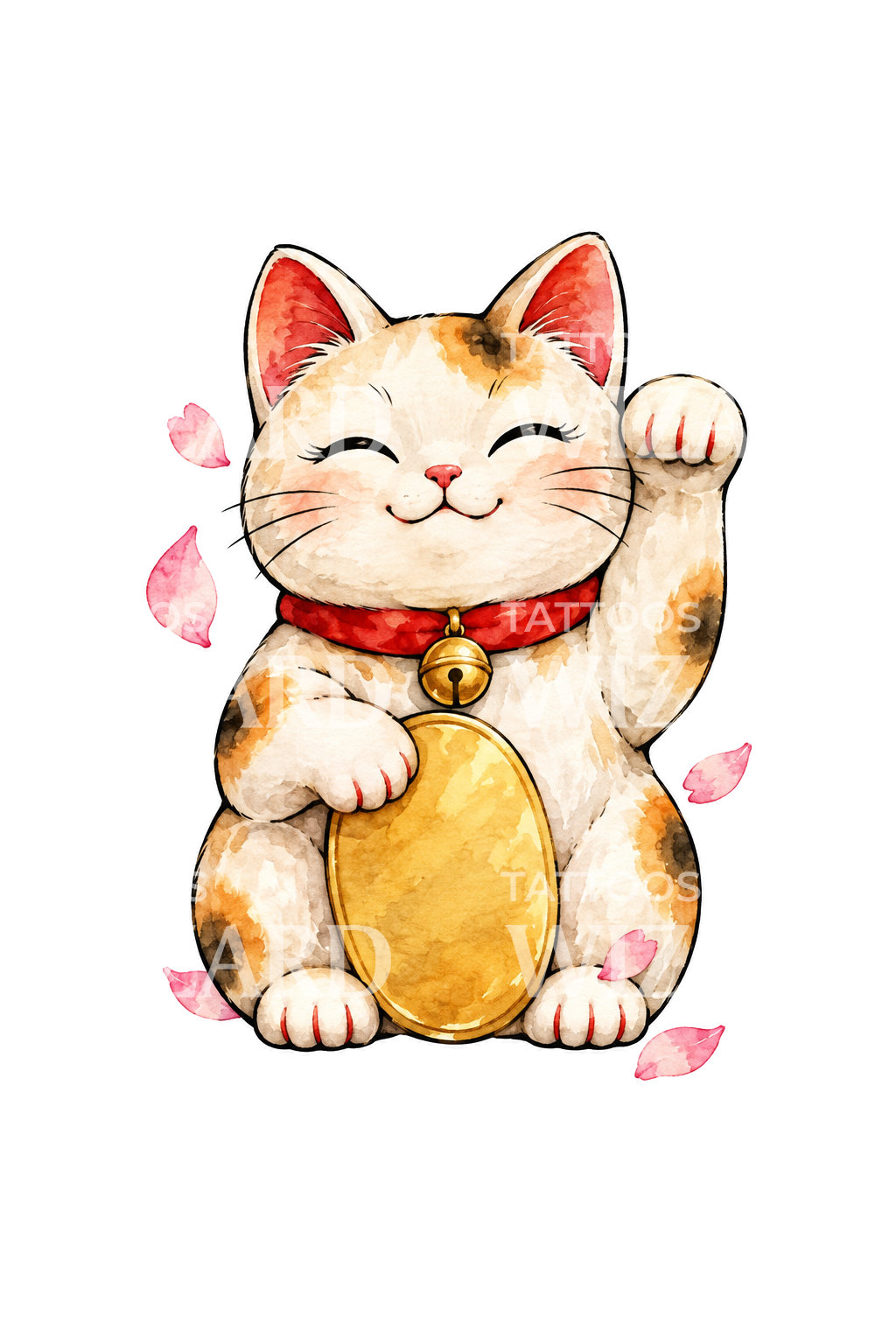Maneki Neko Lucky Cat Watercolor Tattoo Design