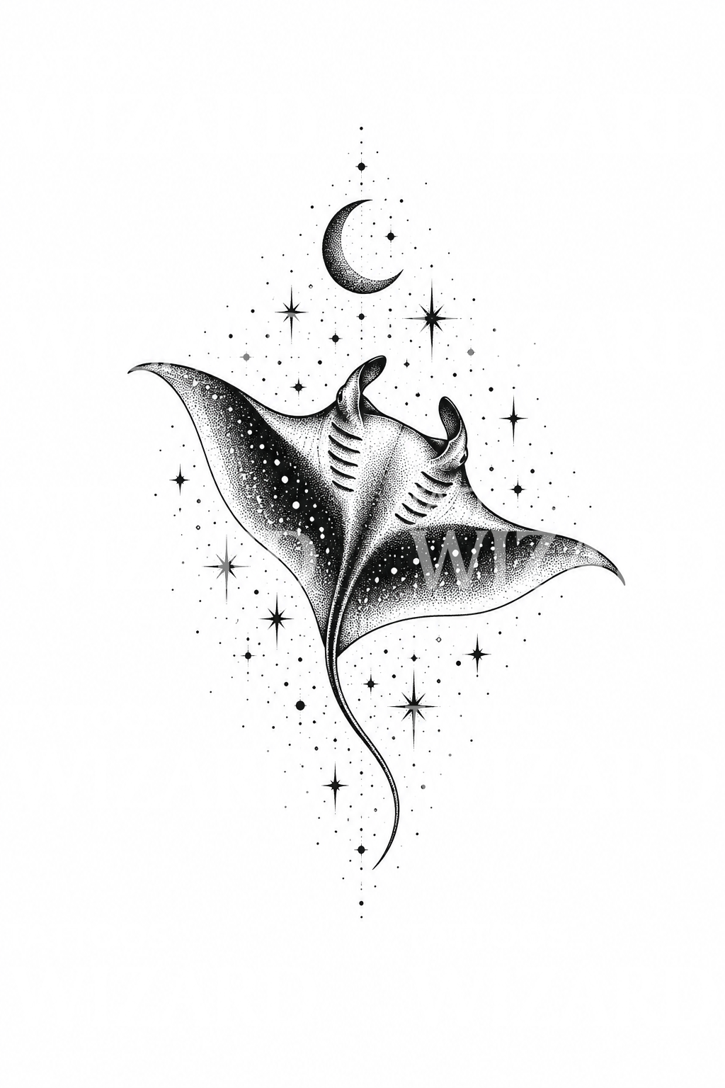 Tatueringsidé med manta under en stjärnklar natthimmel