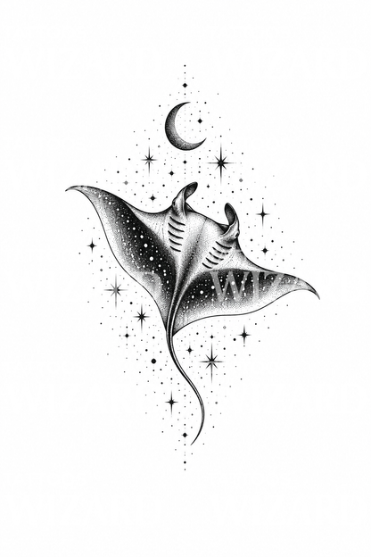 Tatueringsidé med manta under en stjärnklar natthimmel
