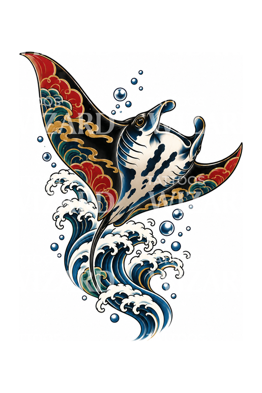 Manta über japanischen Wellen als Tattoo-Design