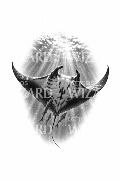 Manta Ray Under Sunbeams Tattoo Design