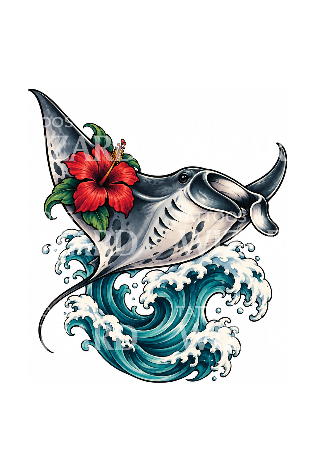 Tattoo van een manta met hibiscus op een golf