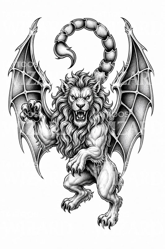 Diseño de tatuaje de mantícora, bestia mítica