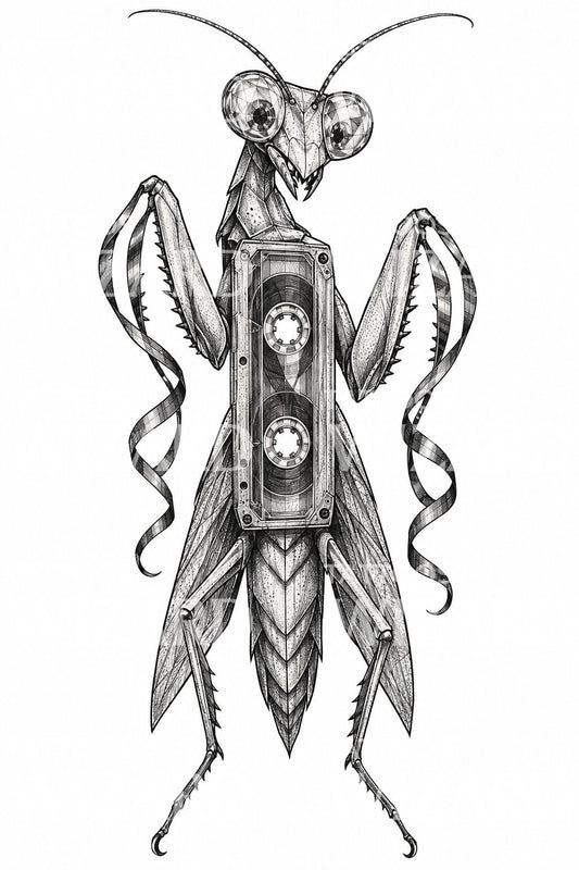 Ilustração de tatuagem de louva-a-deus com cassete