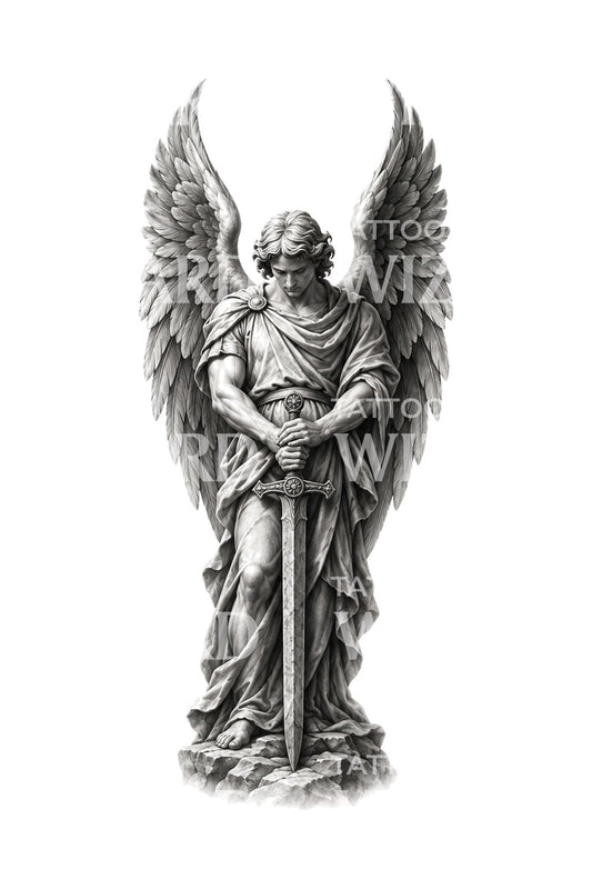 Ilustración de tatuaje de arcángel de mármol en reposo
