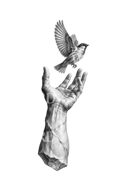 Ilustrasi Tangan Marmer Melepaskan Burung Pipit