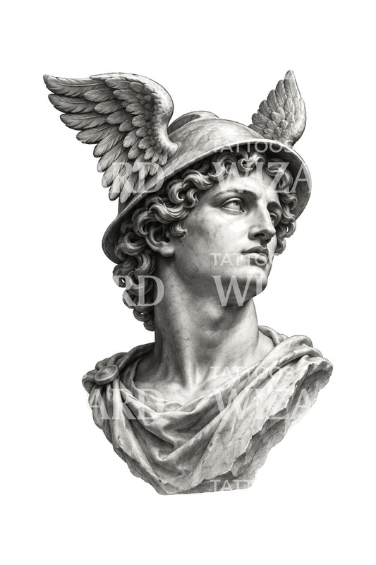 Ilustración de tatuaje de busto de Hermes en mármol