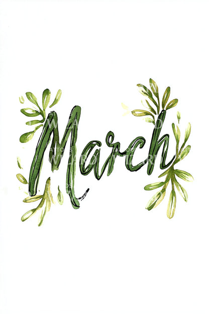 March Leafy Watercolor Script Tattoo Design