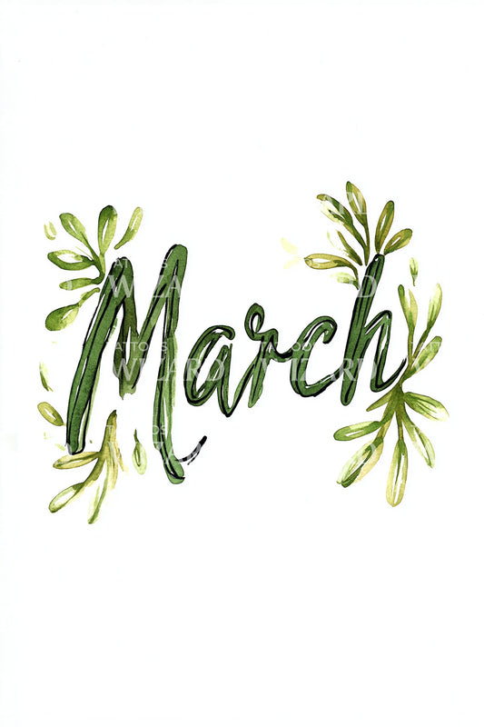 March Leafy Watercolor Script Tattoo Design