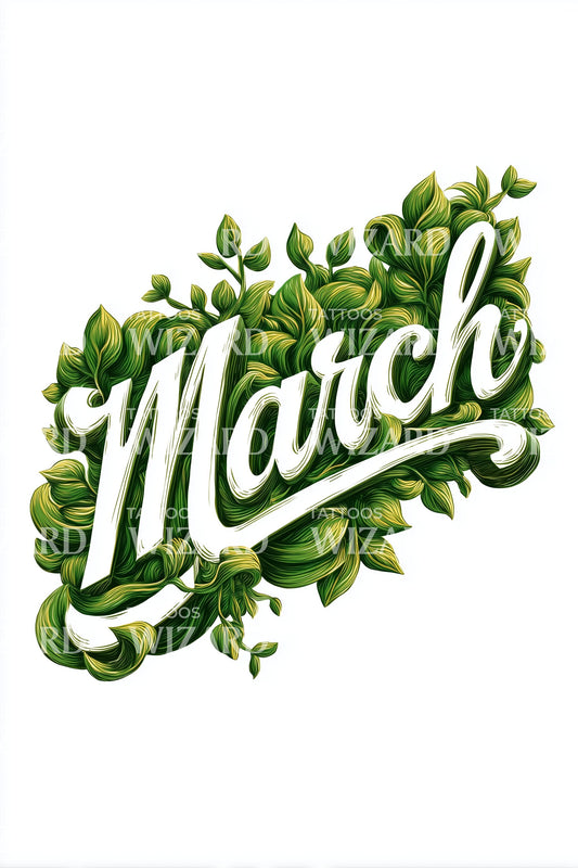 March Lush Green Lettering Tattoo Illustration