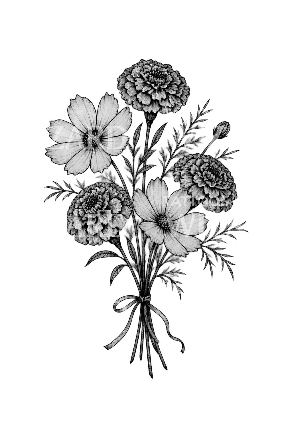 Tatueringsillustration av bukett med ringblommor och rosenskära