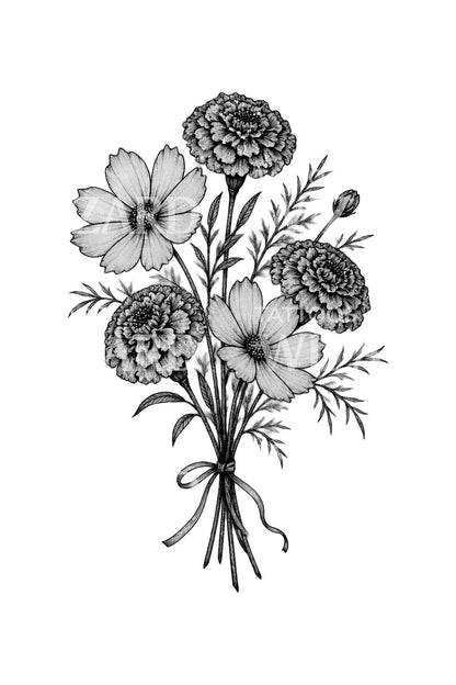 Tatueringsillustration av bukett med ringblommor och rosenskära
