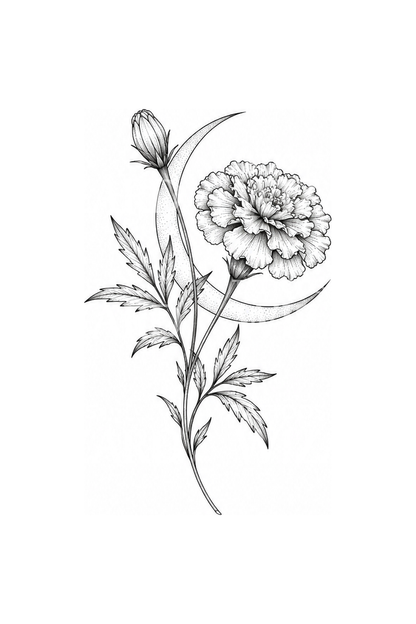 Marigold and Crescent Moon Fine Line Tattoo