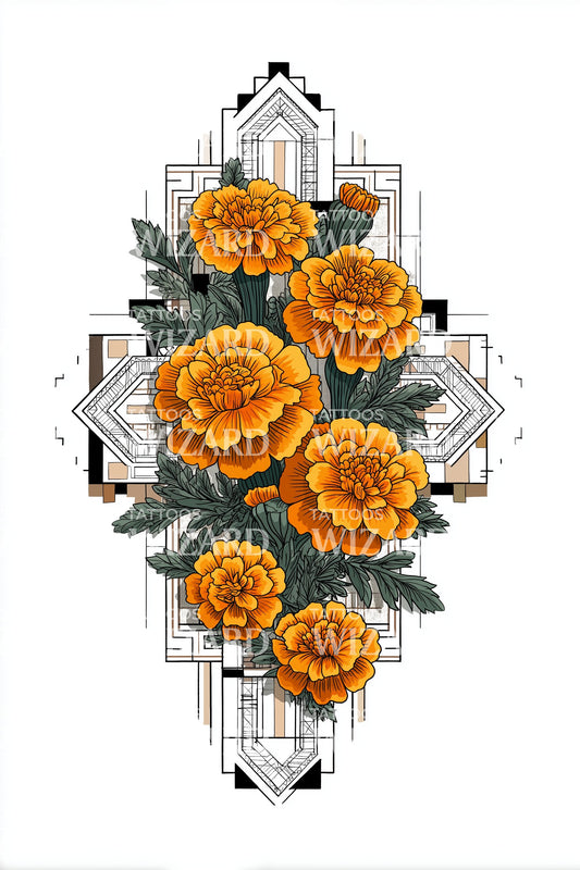 Diseño de tatuaje Art Deco de caléndula