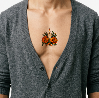 Diseño de tatuaje de vela con cempasúchil