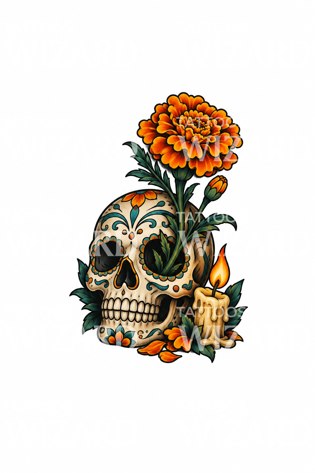 Œillet d’Inde poussant d’un crâne calavera avec bougie