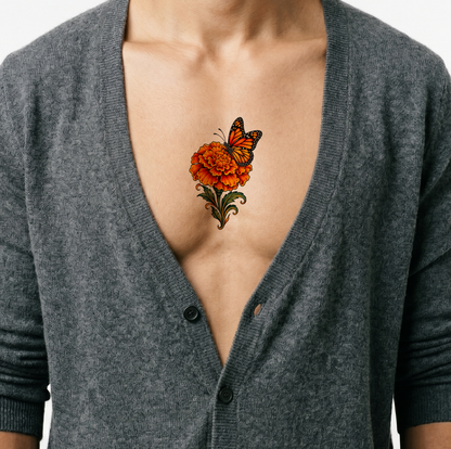 Tattoo mit Studentenblume und Monarchfalter