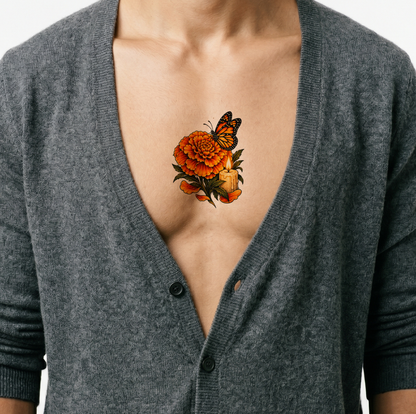 Gedenktattoo mit Ringelblume, Monarchfalter und Kerze
