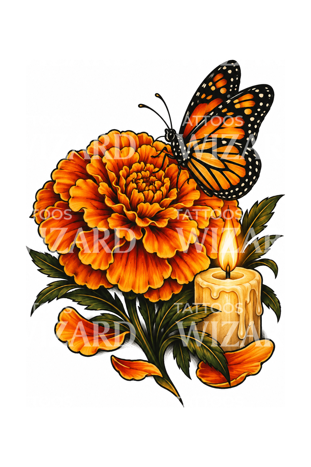 Gedenktattoo mit Ringelblume, Monarchfalter und Kerze