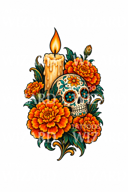 Marigold Ofrenda with Sugar Skull Tattoo Design